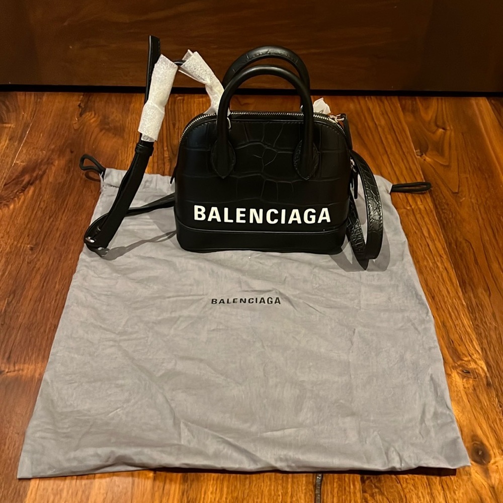 Authentic Balenciaga Black Leather Logo Print Ville Handbag